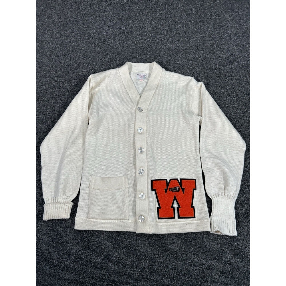 Vintage Letterman Cardigan Sweater Men's 38 White‎ Orange Preppy Grandpa 50s 60s